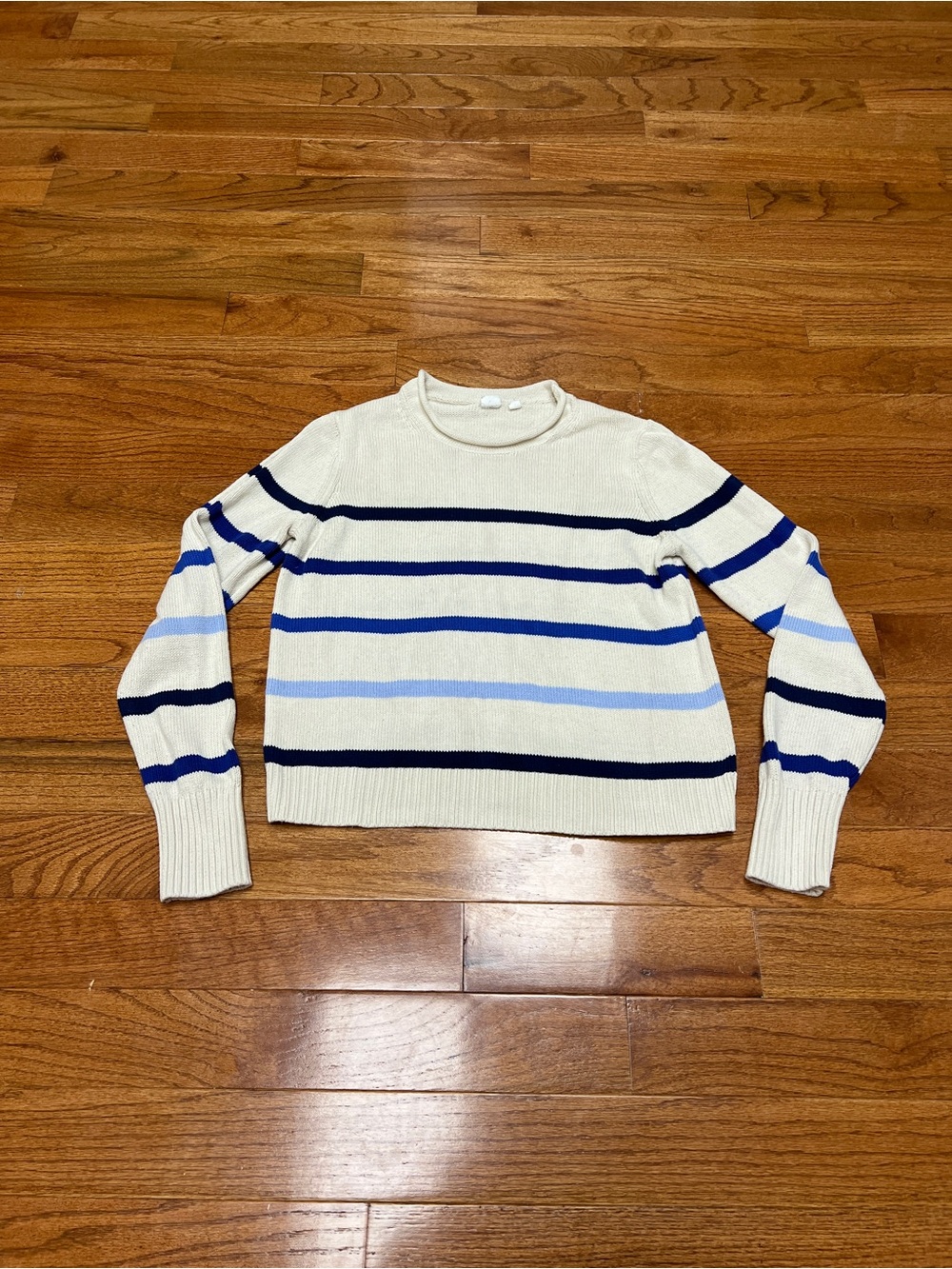 Cream Striped Crewneck Sweater with Blue and Navy Accents gap roll neck